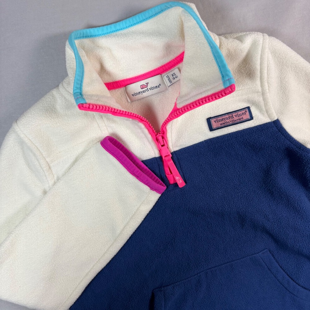 Vineyard Vines Girls XS 5-6 Fleece Quarter Zip Pullover Colorblock Navy Cream